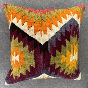 Handwoven Turkish Kilim colorful geometric pillow 16x16 including insert. New